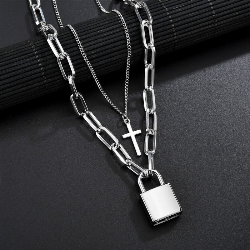 LETAPI Persoonlijkheid Cross Lock Metalen Multilayer Hip hop Lange Chain Cool Eenvoudige Ketting Voor Vrouwen mannen Sieraden