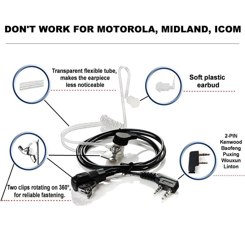 Radio Earpiece 2-Pin Covert Acoustic Tube Earpiece With A Mic PTT Walkie Talkie Headset For Baofeng Puxing Wouxun