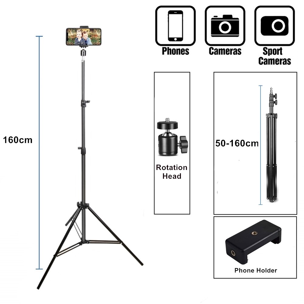 Trépied de support de téléphone portable, anneau de support pour téléphone portable, Kit de vlog Flexible, Selfie: 160cm Tripod