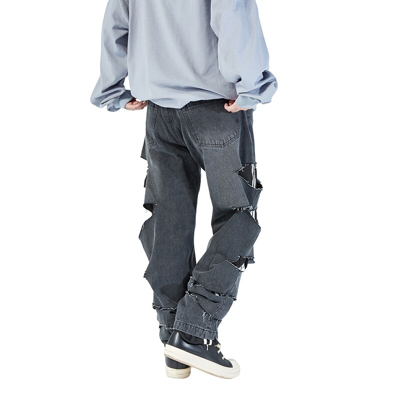 Swag – pantalon en Jean délavé pour hommes, bleu, noir, Hip Hop, Large, pantalon en Denim déchiré, femme, Streetwear urbain