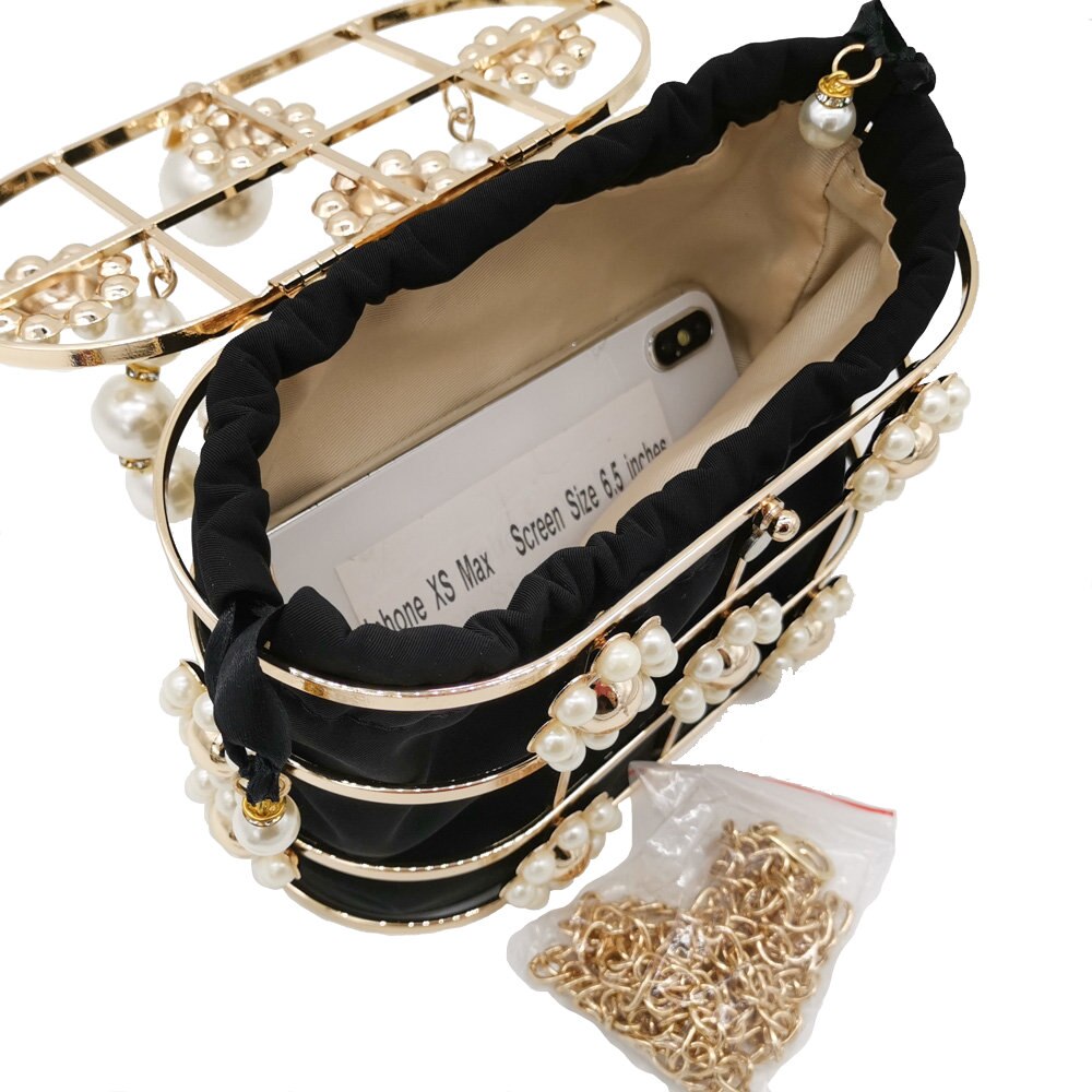 Boutique De FGG Pearl Top-Handle Black Bucket Women Flower Evening Bags Bridal Chain Shoulder Bag Wedding Purses and Handbags