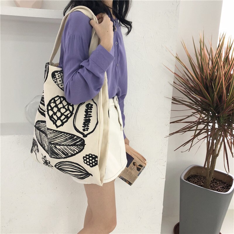 Women Canvas Shoulder Bag Leaf Printing Female Large Capacity Shopping Bag Lady Eco Pure Cotton Beige Handbag Junior Miss Tote: Default Title