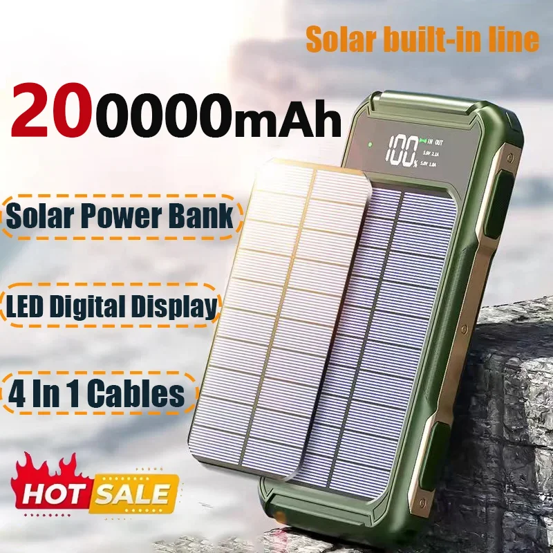 200000mAh 4 in 1 Built in Cables Solar Emergency Power Bank Large Capacity Intelligent Digital Display Power Supply for iPhone