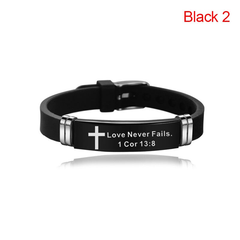 Cruz Biblia Cristiana hombres pulsera ajustable longitud pulseras de silicona pulsera escritura amor nunca falla joyería masculina: black 2