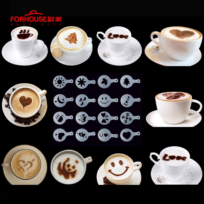 Koffie Shaker Maatregel Lepel 18Pcs Opschuimen Melk Stencils Chocolade Stofdoek Voor Cappuccino Latte Thee Coffe Opschuimen Tool Set