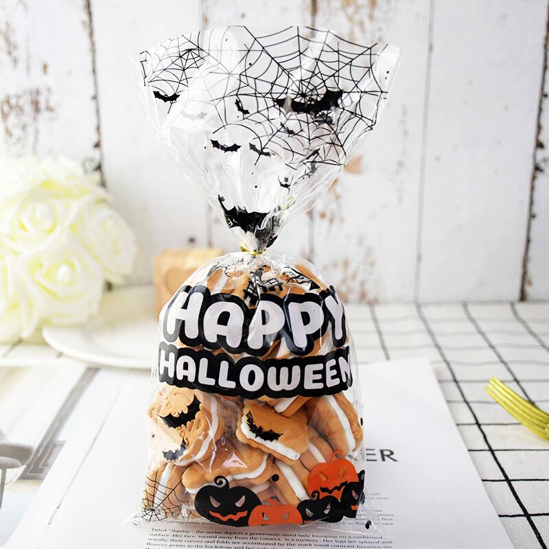50 Stks/partij Halloween Snoep Tas Happy Halloween Traktatiezakken Koekjes Snack Plastic Verpakking Zakken Duidelijk Koekje Zak Halloween Decor