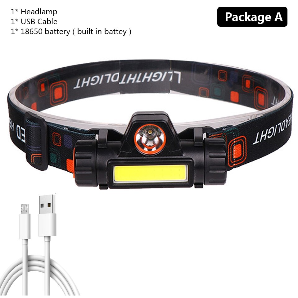 XP-G Q5 built-in 18650 battery 2 light mode with magnet Waterproof headlight head lamp flashlight LED head lamp COB work light: Package A
