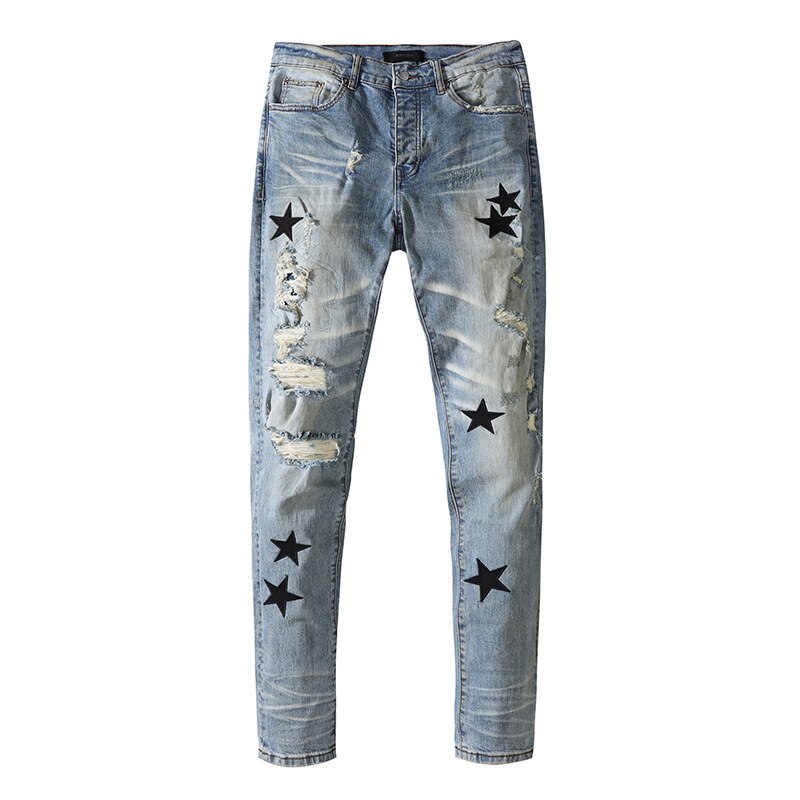 Mannen Mannelijke Mode Gaten Broek Heren Blauw Populaire Vijfpuntige Ster Borduurwerk Trend Wilde Eenvoudige Jeans mannen Denim Broek: 40