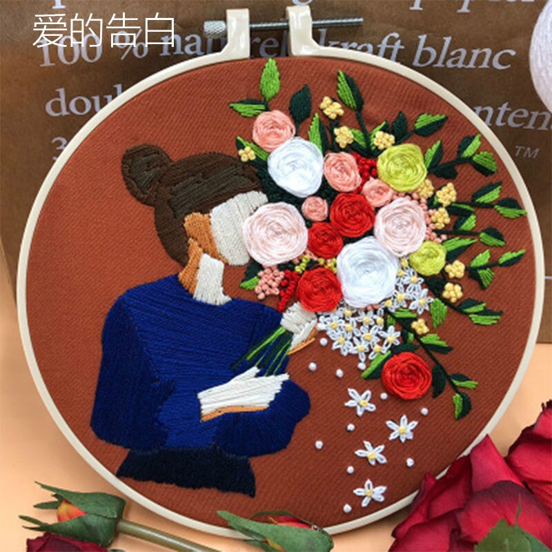 3D Embroidery Kits Cartoon Girl Hand Bouquet Pattern Beginner DIY Embroidery Material Package Cross Stitch Sewing Tools Bordado: 2