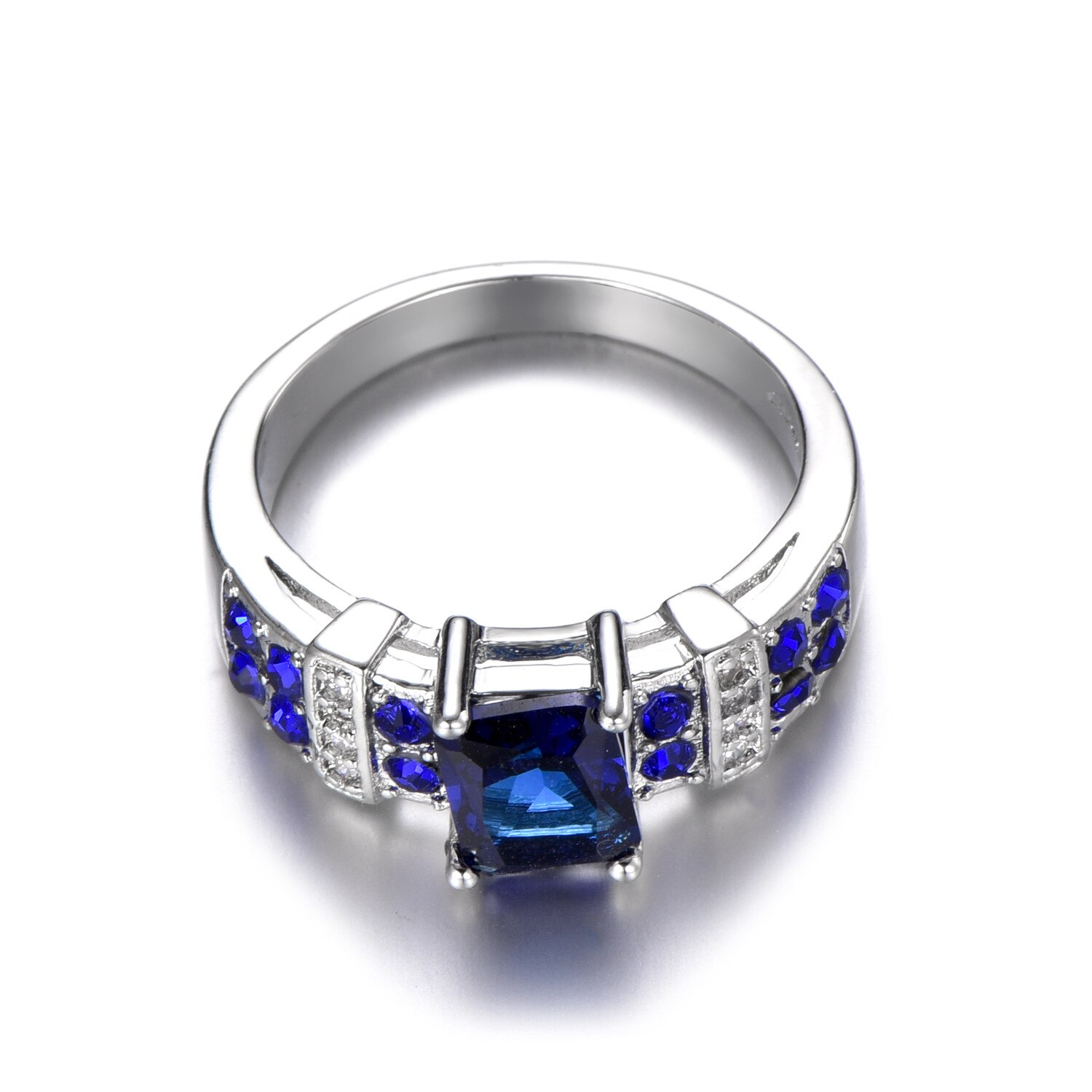 925 Sterling Zilver Blauw Rechthoek Zirkoon Engagement Ringen Voor Vrouwen Grote Vinger Bruiloft Party Sieraden Mode R5017
