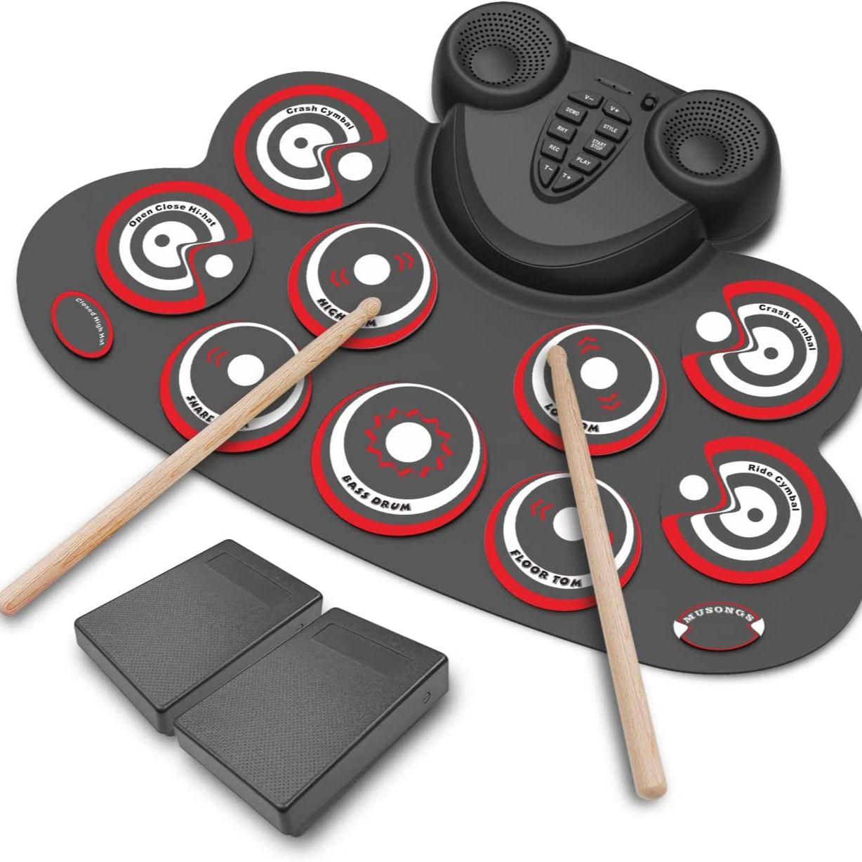 Electronic Drum Set Kids can play games practice drum mat Rechargeable drum set with built-in speaker pedals, drumsticks: WG600S red