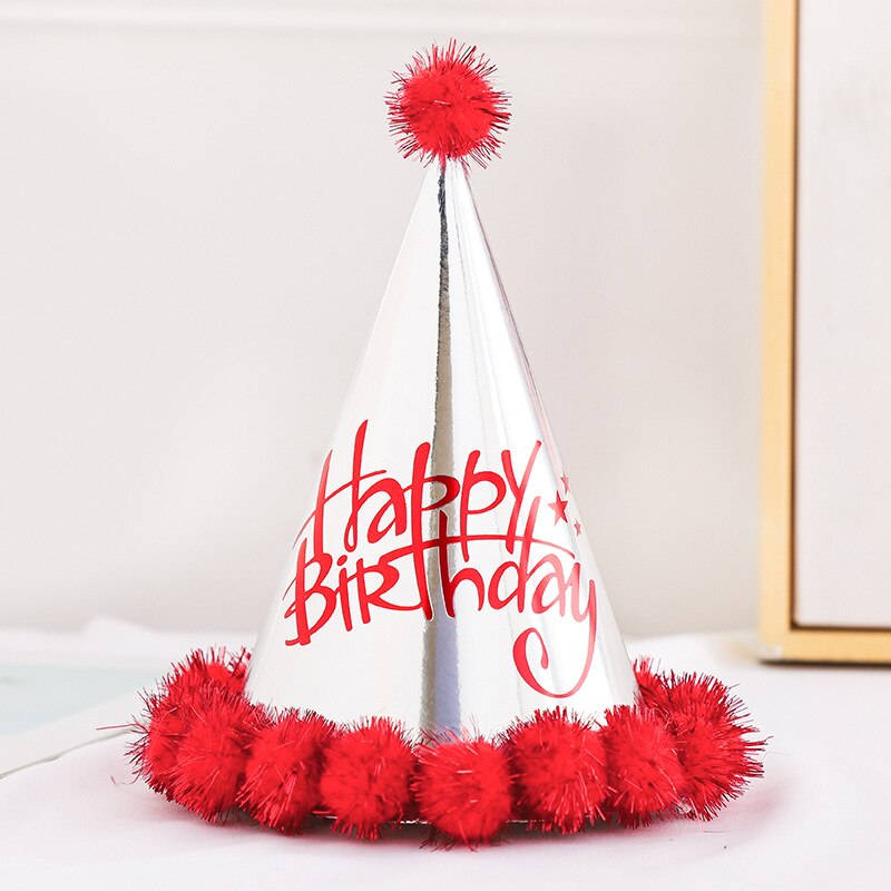 2pcs Birthday Cap Baby Kid Birthday Party Hat Child Crown Decoration Pompon Cap silver Birthday Hat Party decoration supplies: C 2PCS