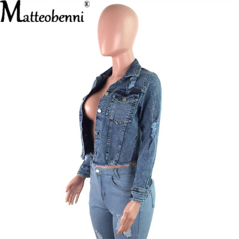 Blau Abgeschnitten Denim Jacken Frauen Lange Hülse Mit Geschmack Taschen Jahrgang Mantel Herbst Winter Streetwear gerissen Jean Outwear