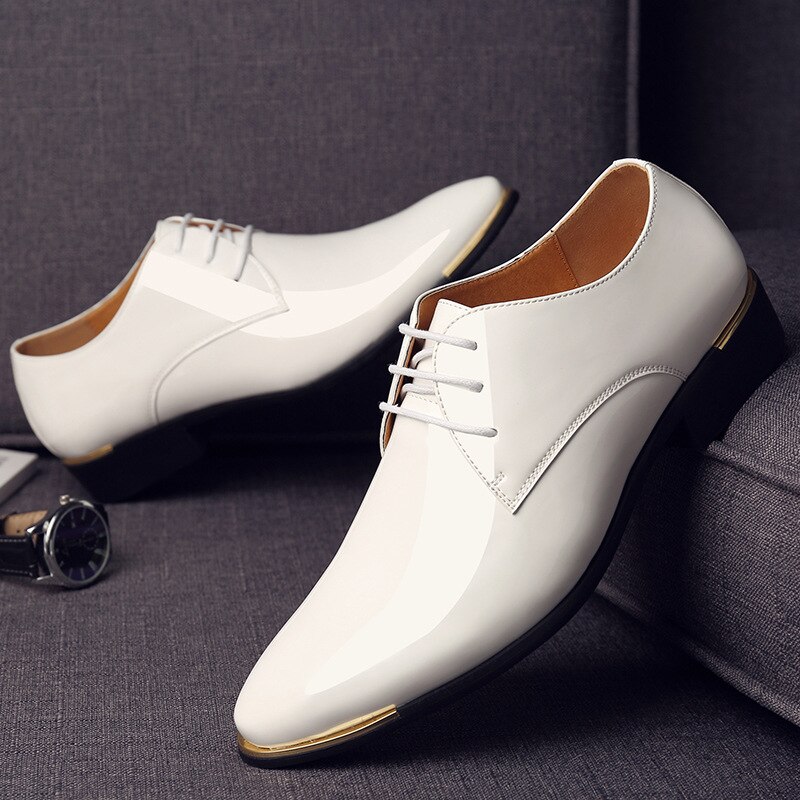 mens patent leather shoes men dress shoes lace up Pointed toe wedding Business party 5 colors big size rtg5: White / 12