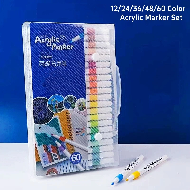 12-60 Colors Acrylic Markers Pen Set Paint Art Marker Soft Tip Pen for Children Stone Paint Ceramic Glass Wood Fabric Painting