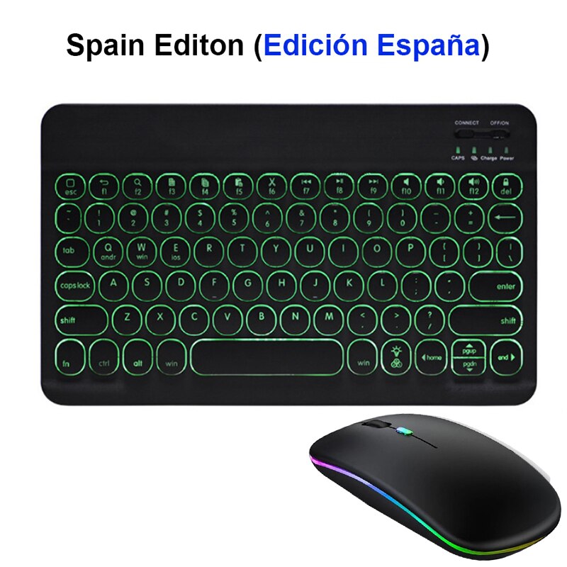 SeenDa Backlit Wireless Keyboard and Mouse Set Rechargeable Bluetooth-compati Keyboard Mouse for iPad Air Pro Samsung Huawei: Spain Black