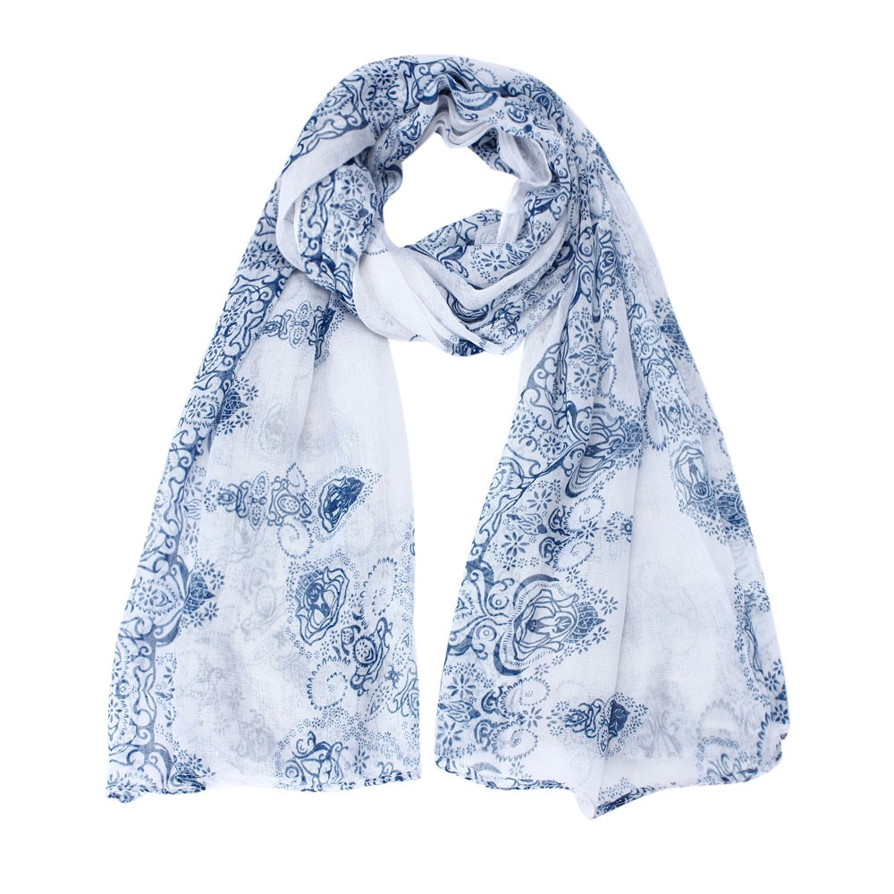 Women Classical Print Scarf Scarves Sun Protection Gauze Kerchief Lightweight ethnic blue and white porcelain Bali yarn scarf: White 