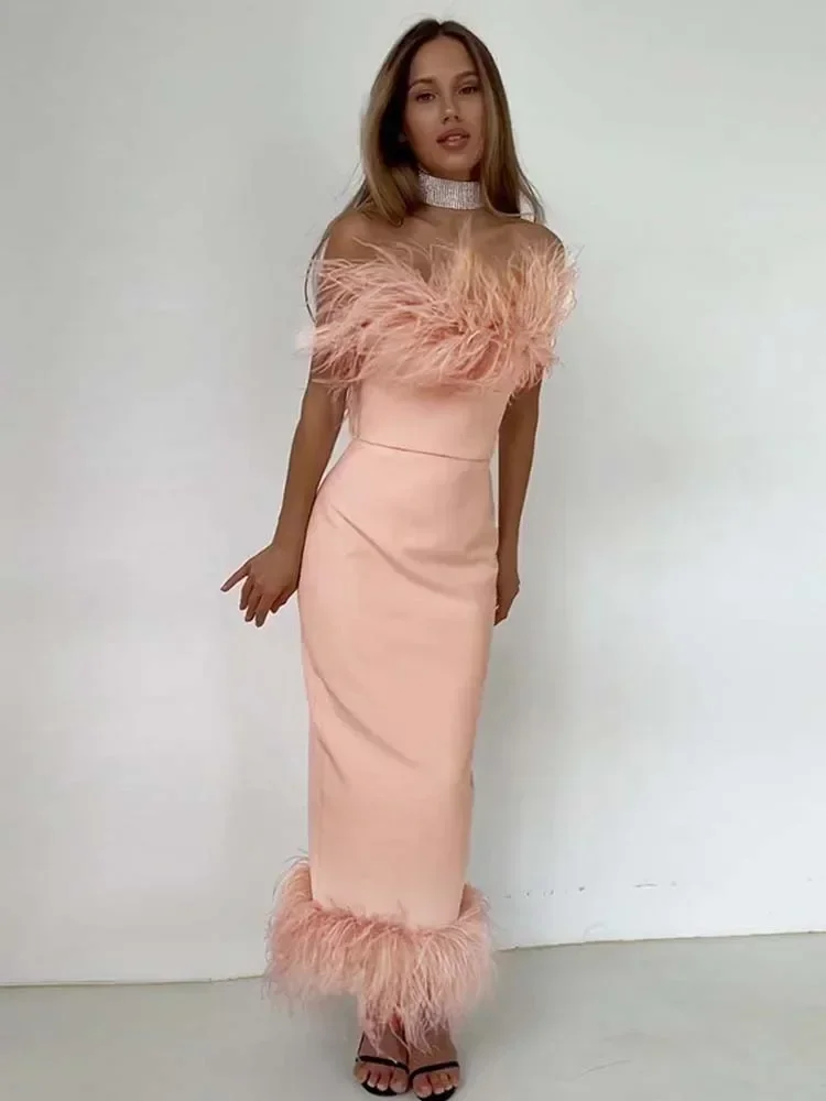 Bangniweigou Party Hairy Tube Dress Off Shoulder Split Midi Prom Robe Women Birthday Pink White Black Evening Attire