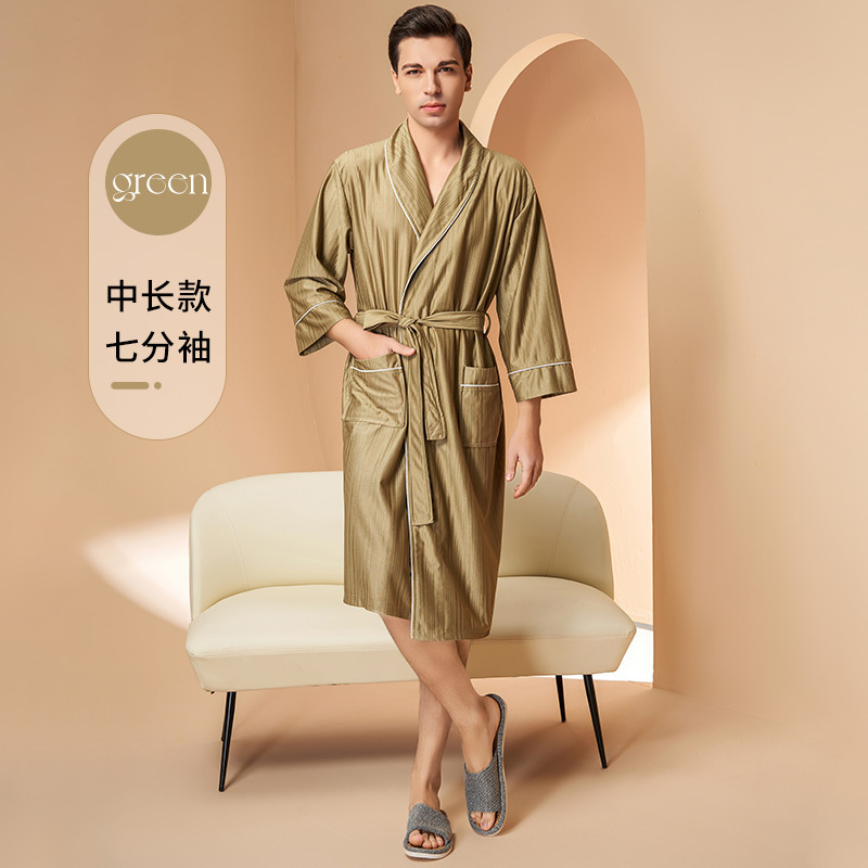 2023 Cool Satijnen Zijden Badjas Voor Heren Dames Lente Zomer Mooie Streep Kamerjas Huiskleding: L / Army Green