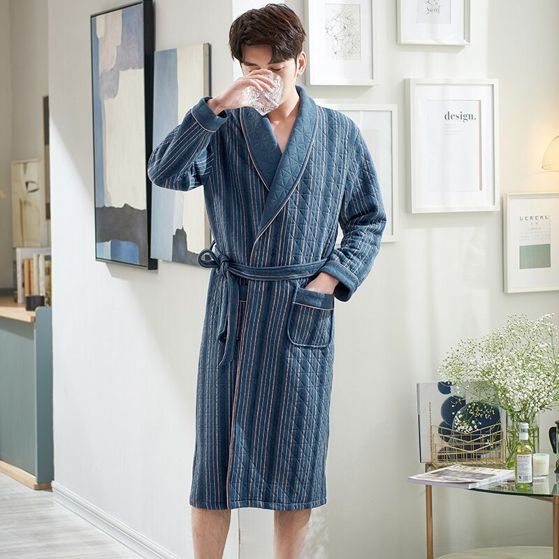 Robe à rayures en coton matelassé pour homme, peignoir d&#39;hiver, vêtements de maison, vêtements de nuit, lingerie, spa, M-3XL