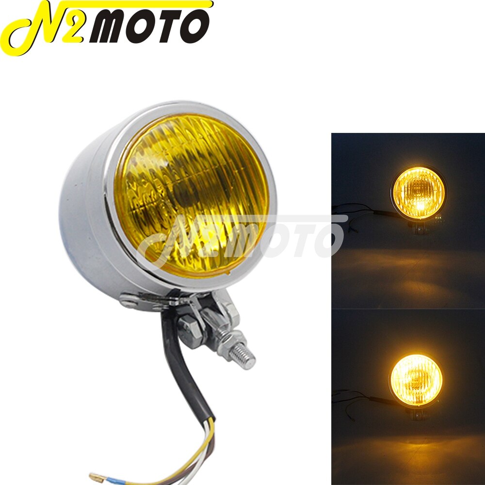 H4 12V Motorcycle Chrome Vintage Amber Headlight Running Lights For Honda Yamaha Suzuki Kawasaki Chopper Bobbers Cafe Racers: chrome amber