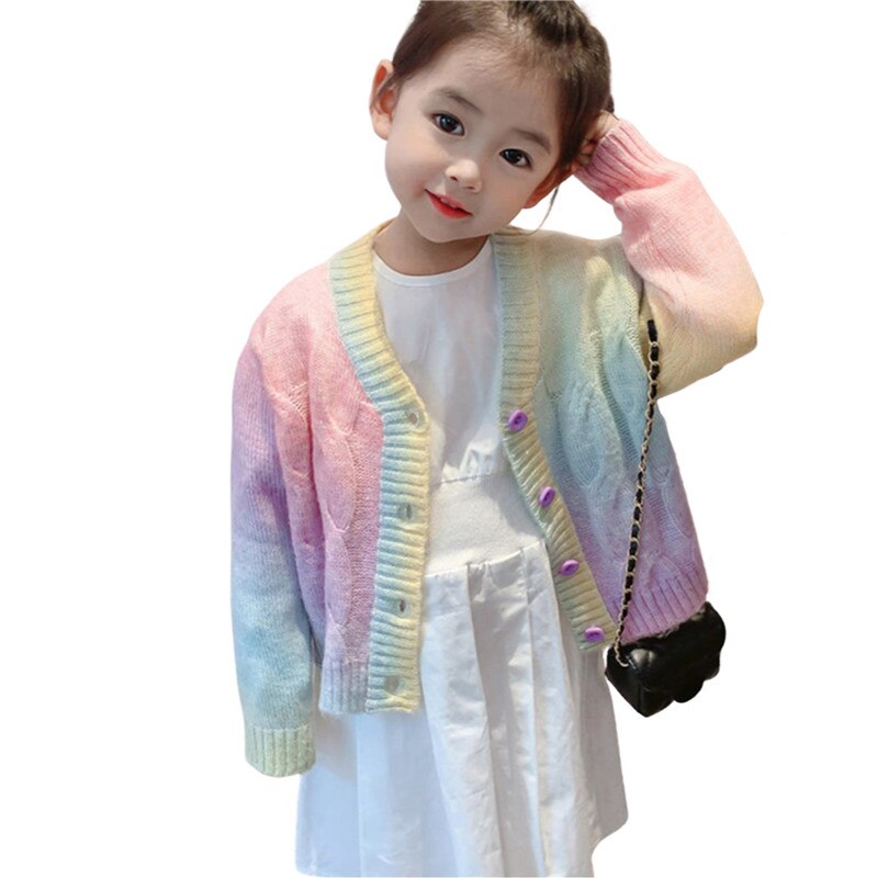 Muticolor freundlicher Mädchen Regenbogen Rundhals zur Seite fahren Strickjacken Farbverlauf Langarm Strickwaren/Strickjacke für Herbst Winter Kleidung