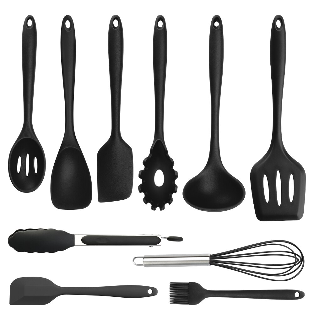 Hecef 10 Pcs Cooking Tools Kitchen Cookware Set Silicone Utensils Cooking Sets Non Stick Cooking Tools Kitchen Accessories Sets: Black