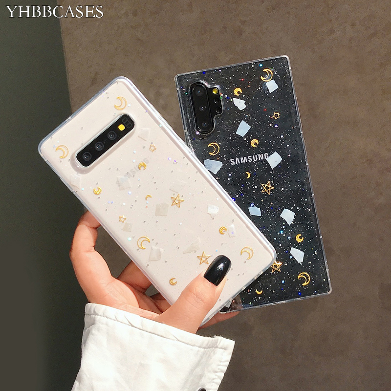 YHBBCASES Für Samsung Galaxy S8 S9 S10 Plus Bling Gold Sterne Mond Klar Weichen Fällen Für Samsung Note 10 8 9 Glitter Pulver Abdeckung