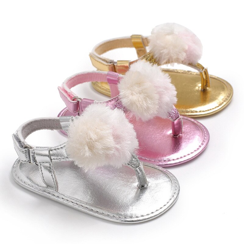Baby flickor sommar andas rund fluff dekoration skor anti-halk flip flop nyfödd sandaler 0-18m
