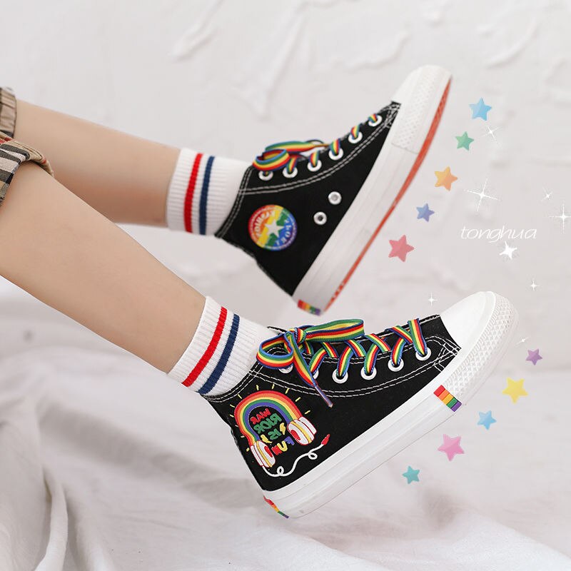 Cartoon Canvas Schoenen Regenboog Schoenen Ouder-kind Koreaanse Versie Van Handgeschilderde Graffiti 202 Toevallige Persoonlijkheid Netto rode Schoenen