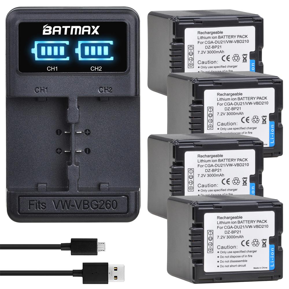 BatmaxCGA-DU21 VW-VBD210 3000mAh Battery for Panasonic CGR-DU06 DU07 NV-GS10 CGA-DU12 CGA-DU14 CGA-DU21 GS100K GS17E PV-GS65: 4battery and charger