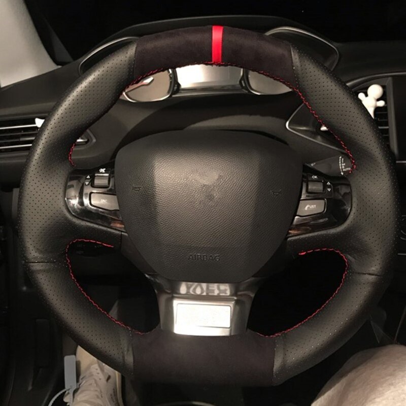 Sort ruskind perforeret læder bilrat cover til peugeot 308