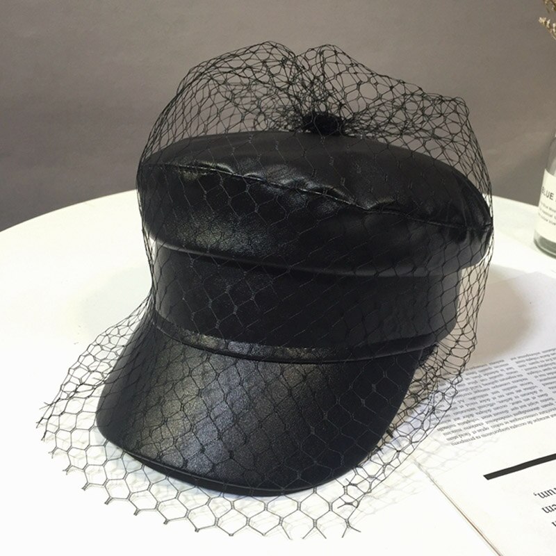 Gorros con velo de encaje de PU negro para primavera y verano, gorra plana con letras de malla negra, varios estilos,