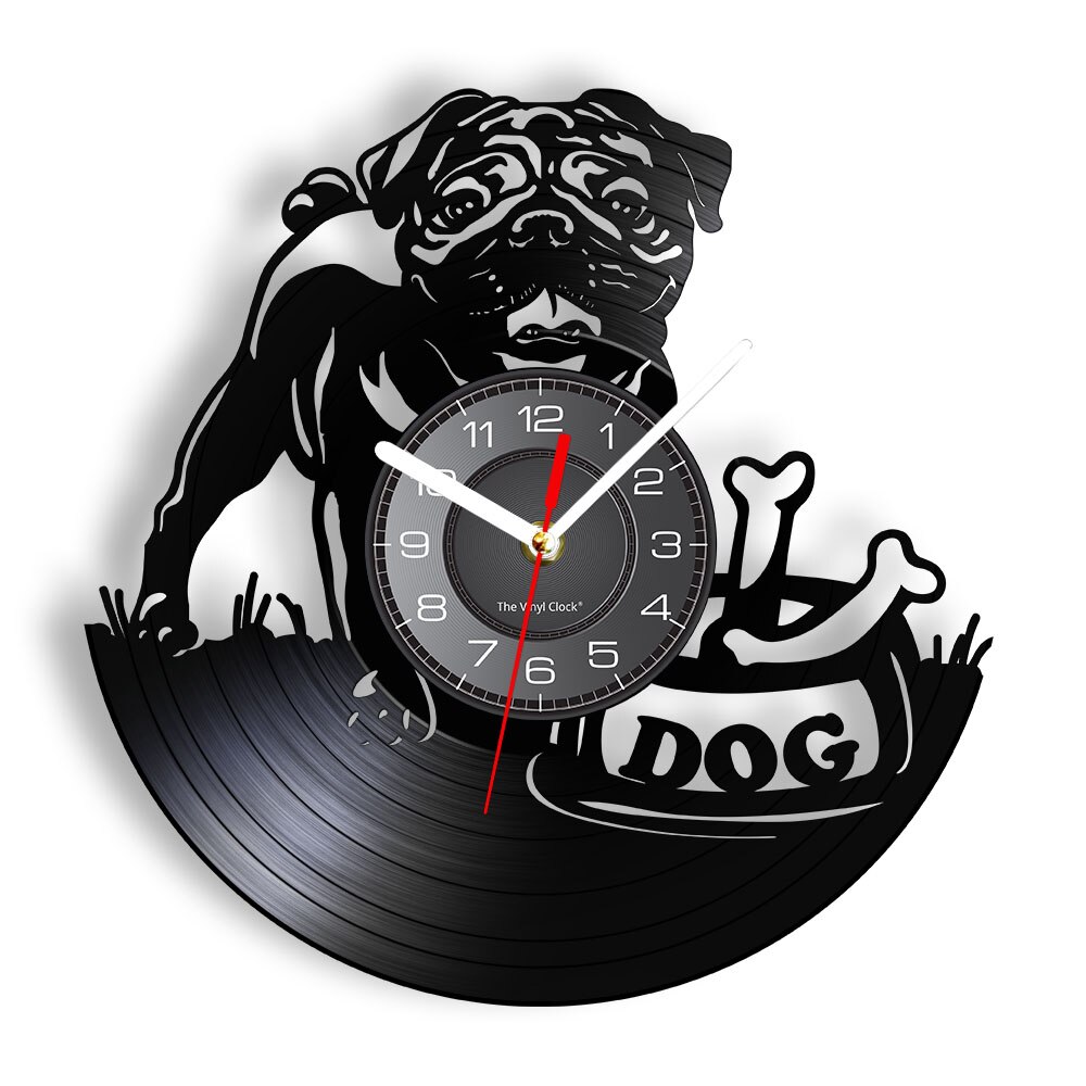 Mops hund veggklokke vintage valp veggkunst barn rom veggdekor vinyl plate klokke britisk bulldog klokke hunderaser hundeelsker: Uten ledet