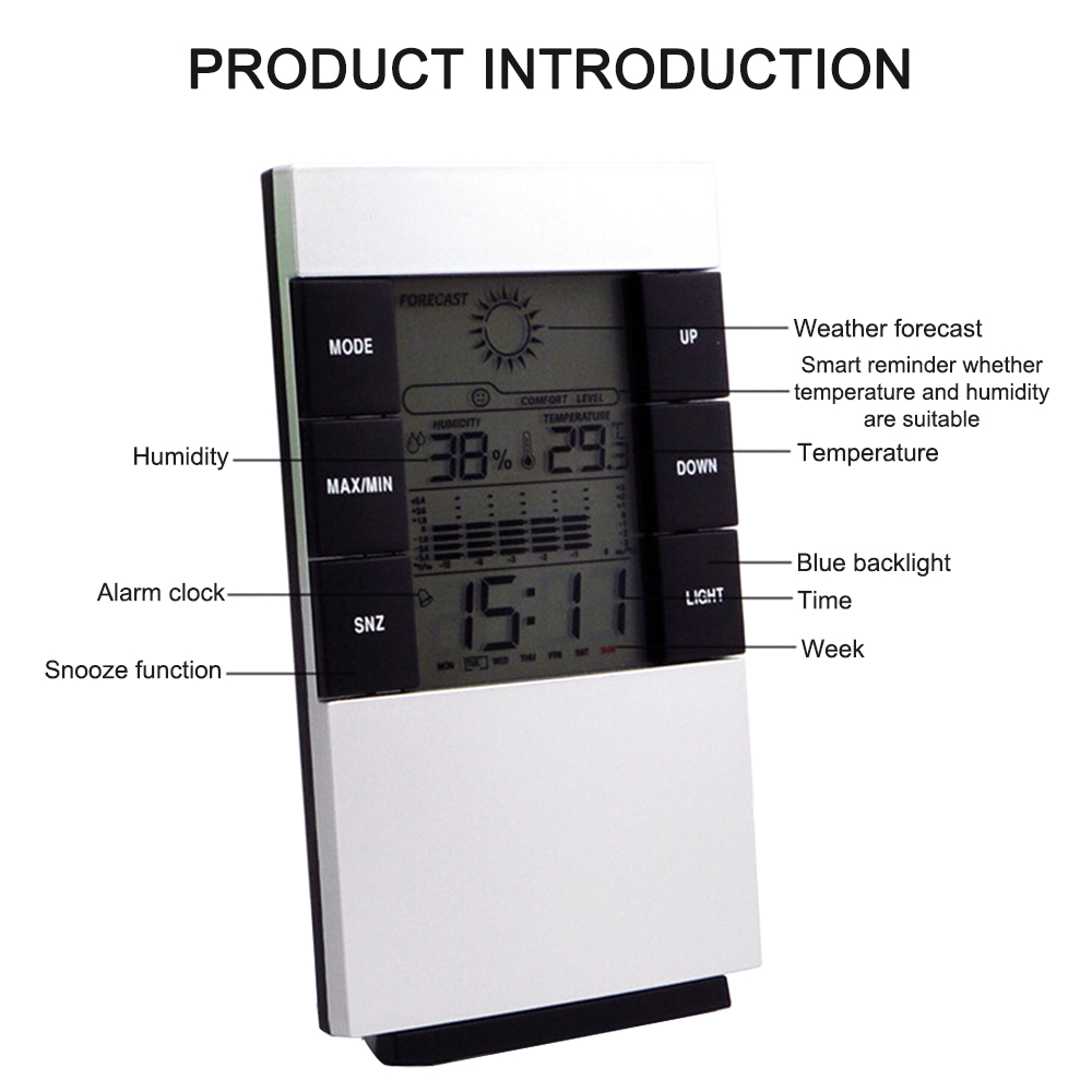 Snooze Wekker Weerbericht Desktop Klok LCD Licht Display Auto Passen Perpetual Kalender Elektronische Weerstation