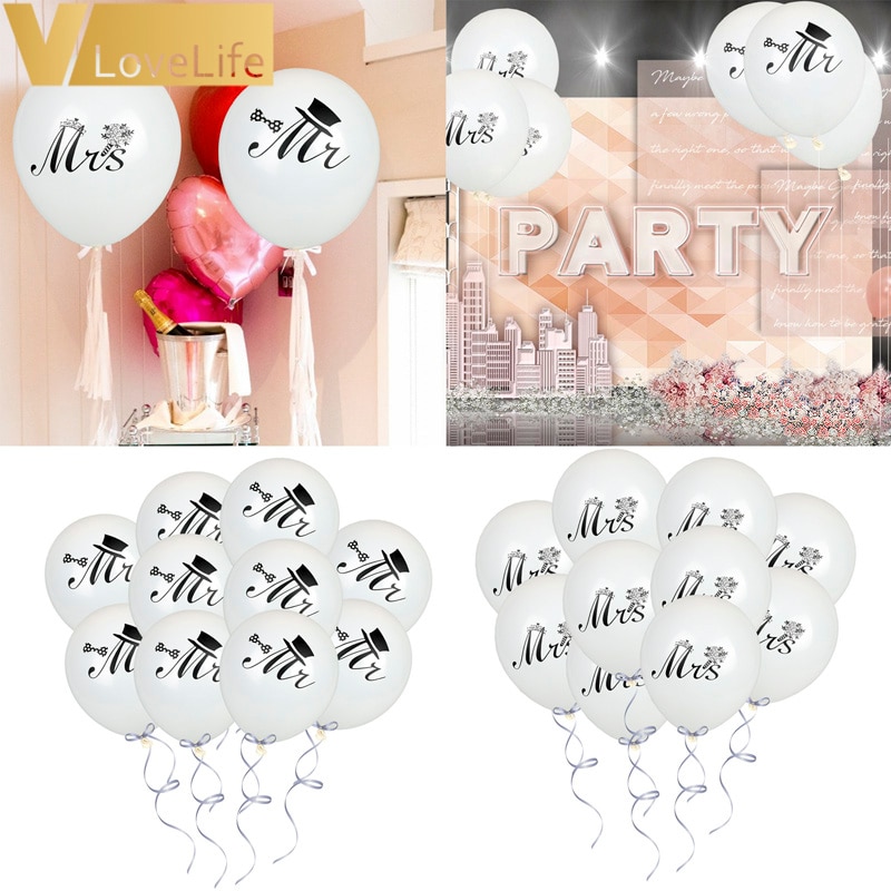 10 pulgadas 10 Uds Mr & Mrs globos de látex blanco redondo estampado San Valentín evento compromiso boda celebración suministros de decoraciones para fiestas