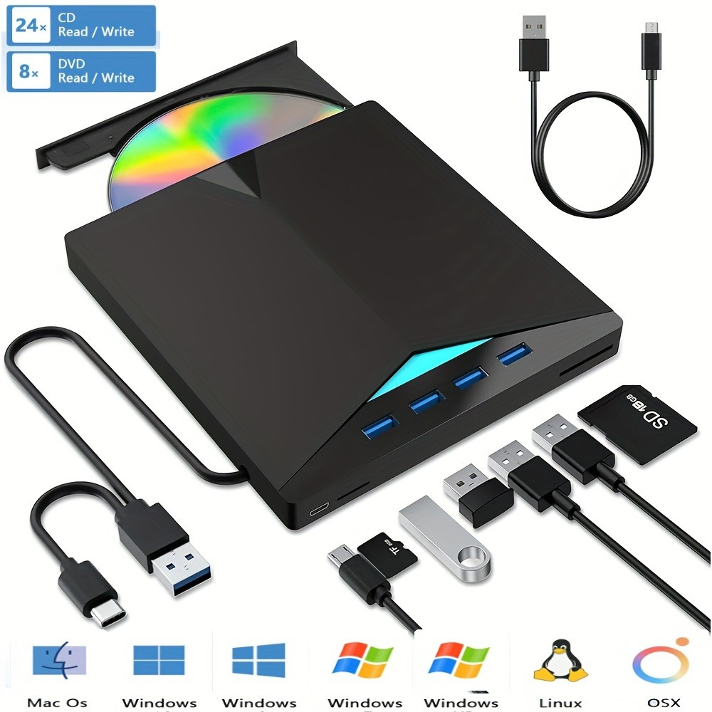 7-in-1 externes CD-DVD-Laufwerk mit 4 USB-A-Anschlüssen und TF/SD-Kartensteckplätzen für Laptop, MacBook, Desktop-PC, Windows 11/10/8/7, Linux Mac: Default Title