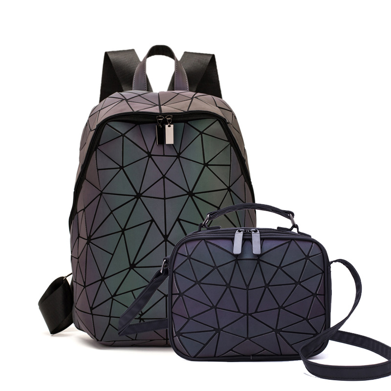 Kvinder rygsæk skole foldbar crossbody taske til damer clutch og pung geometrisk lysende laptop taske holografisk 3 stk sæt: Rygsæk 2 stk b