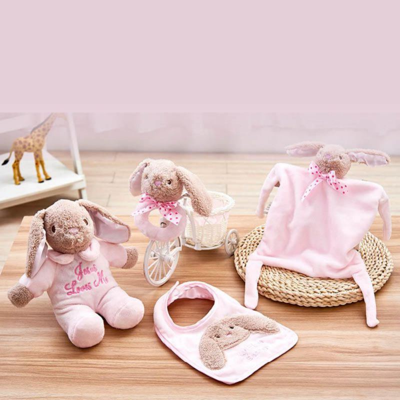 Soft Bunny Huidvriendelijke Bite Baby Benodigdheden 0-5T Vier Stuk Baby Zingen Sussen Handdoek Speeksel handdoek Bib Hand Rammelaar