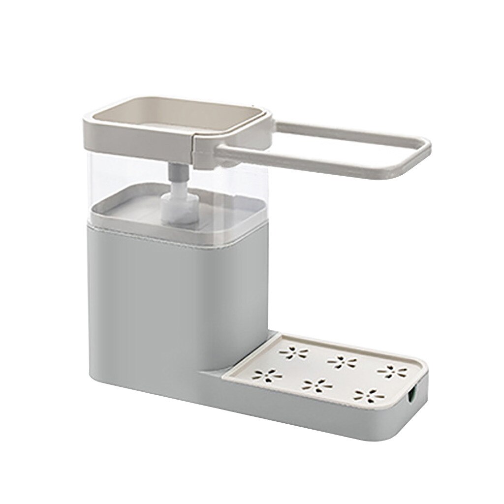 Dispensador de jabón líquido 3 en 1 + soporte para esponja de cocina + soporte para toalla de té prensa de mano, organizador de jabón, contenedor, herramientas de Limpiador de cocina: Gris claro