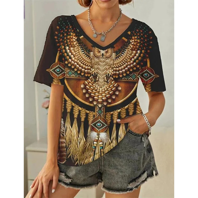 Boho Woman's T-Shirt 3D Ethnic Tassel Pattern Print Short Sleeve Tops Street Casual T Shirt Streetwear Tee Shirt Female Clothing: 4XL / Beige