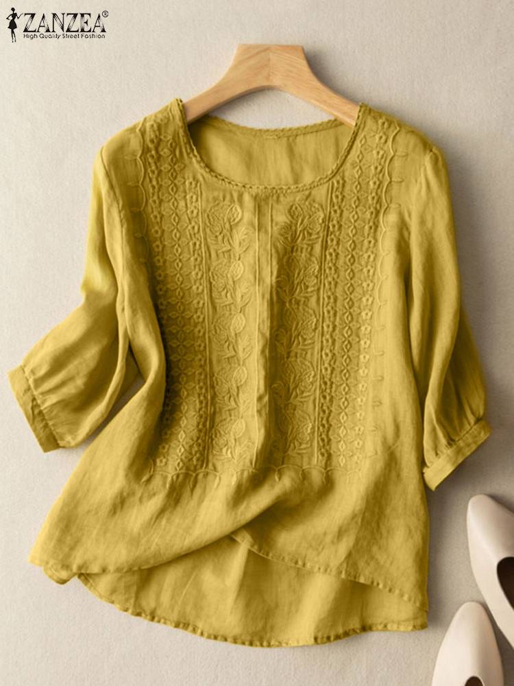 ZANZEA Summer Eleagnt Shirts Women O Neck Floral Embroidery Blouse 3/4 Sleeve Work Tops Causal Loose Cotton Blusas Femme Tunic: L / Yellow