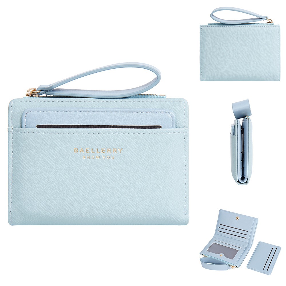 Damelommebok med kort glidelås stilig og eksklusiv lommebok flere kortspor japansk og koreansk kortveske for kvinner: Himmelblå