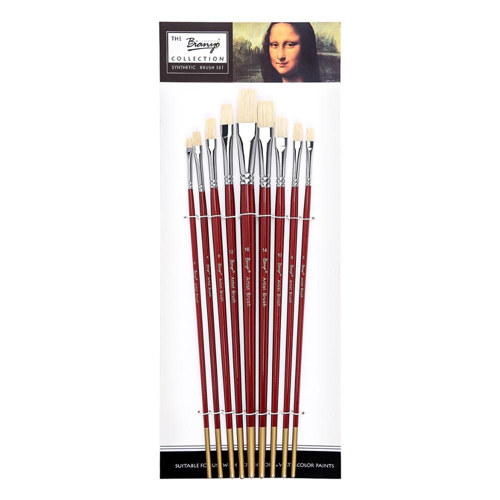 Bianyo 9Pcs Varkenshaar Haar Platte Kwasten Lange Handvat Olie Acryl Voor Kunstenaar Professionele Tekening Schilderen Kunst Levert