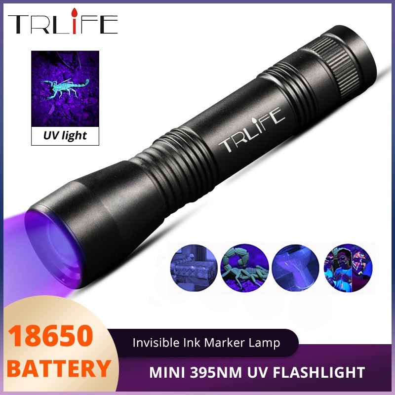 Kraftig led uv lommelygte 395nm ultra violet zoombar lampe mini led uv lys lommelygte usynlig blæk markør edc brug 18650 batteri