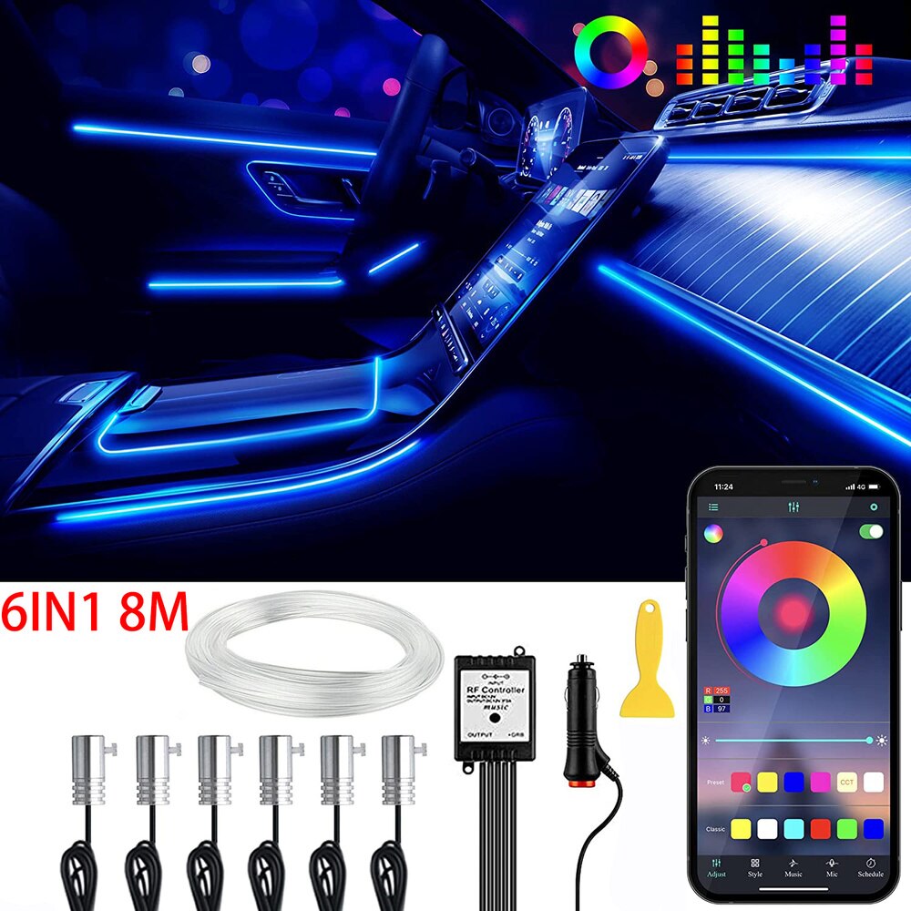 6 i 1 8m neon led strip bil interiør omgivende lys app musik kontrol rgb fiber optisk el wire led auto atmosfære dekorativ lampe
