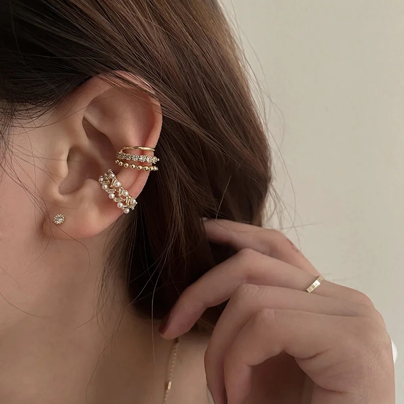Boucles d'oreilles à Clip en perles Double couche pour femmes et filles, nouvelle coréenne, Clip de manchette d'oreille en Zircon de luxe sans piercing, bijoux