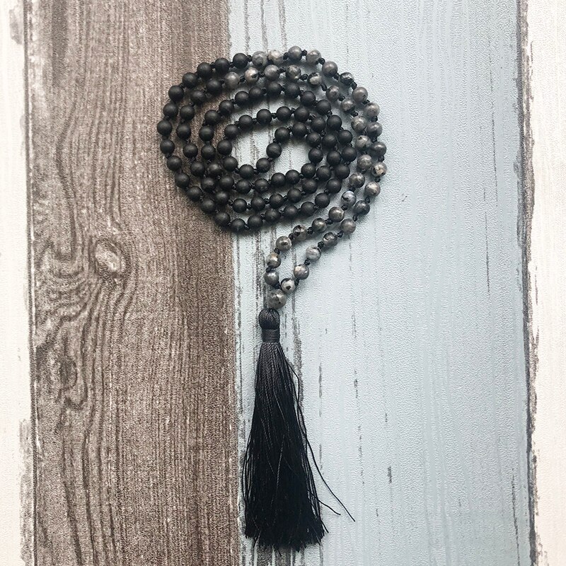 6mm Gebetskette Mala Quaste Schmuck Schwarz Onyx Und Labradorit Perlen Buddhistischen Halskette 108 Perlen Geknotet Boho Halskette Für männer