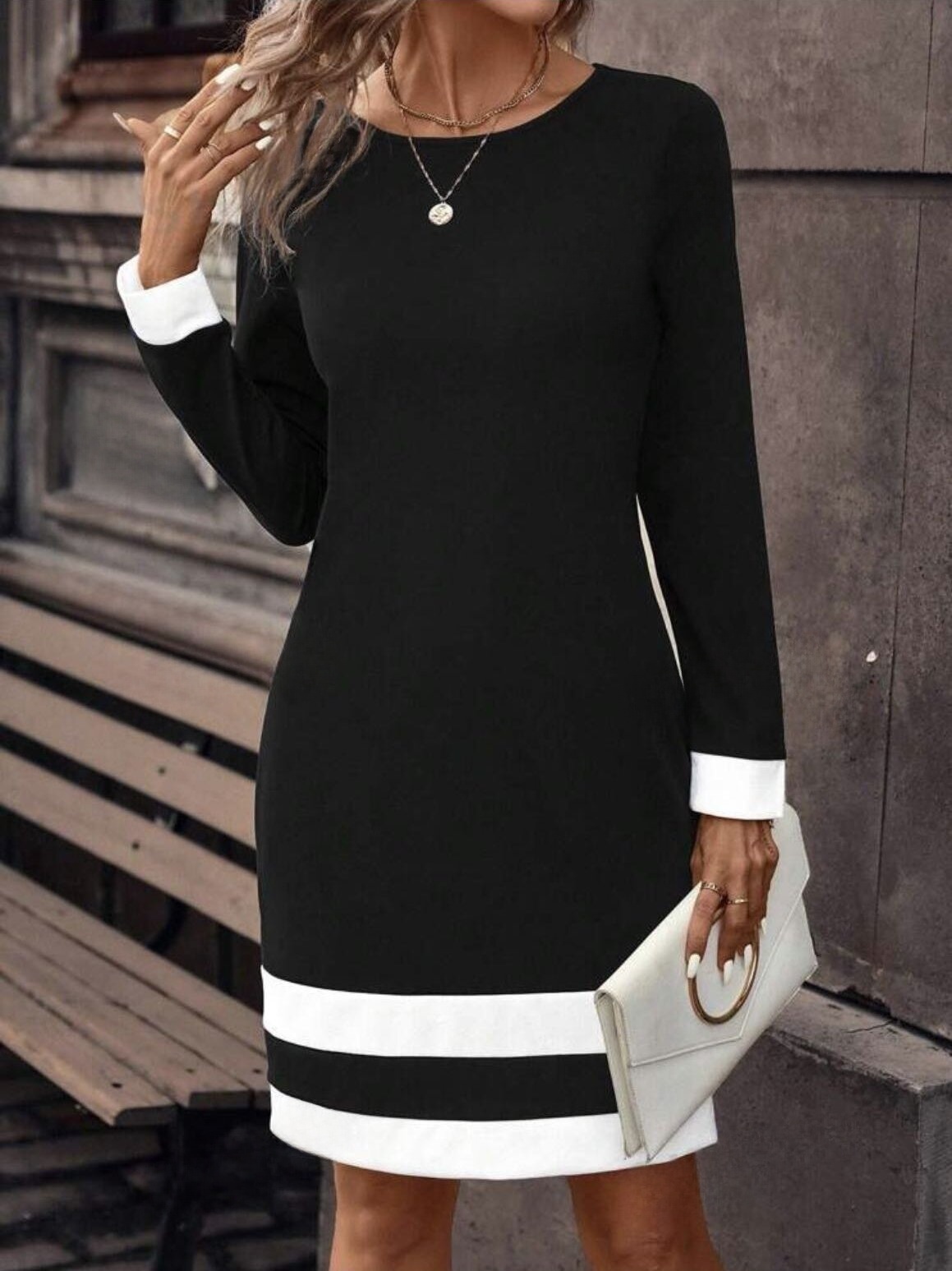 vestido ajustado de manga larga con parte inferior de punto y cuello de lunares para otoño e invierno