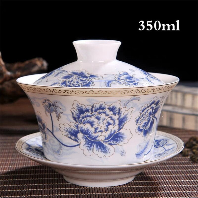 350ml Extra Big Sancai GaiWan Chinese Old Beijing Tea Bowl Jingdezhen Blue and White Porcelain Tea Cup and Saucer Set